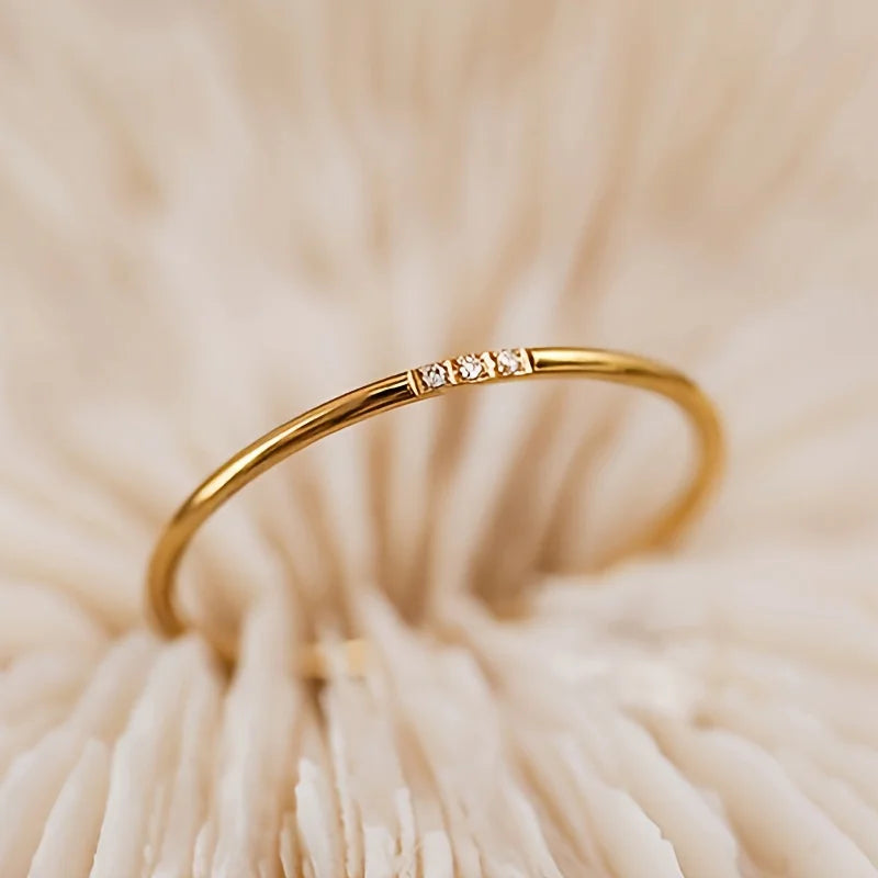 Stainless Steel Plated Paved Tiny Zircon Stackable Ring Golden Color Thin Ring Jewelry - Image 1