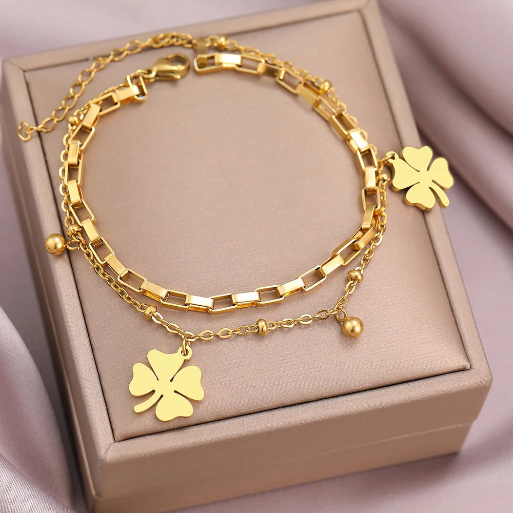 Stainless Steel Bracelets Bell Clovers Pendant Beads Layer Chain Bracelet For Women Jewelry Festival Gifts - Image 1
