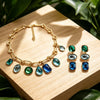 Multi Color Blue And Green Crystal Jewelry Set Gold Tone Link Necklace And Tiered Drop Earrings Statement Jewelry For Womens - Image 3