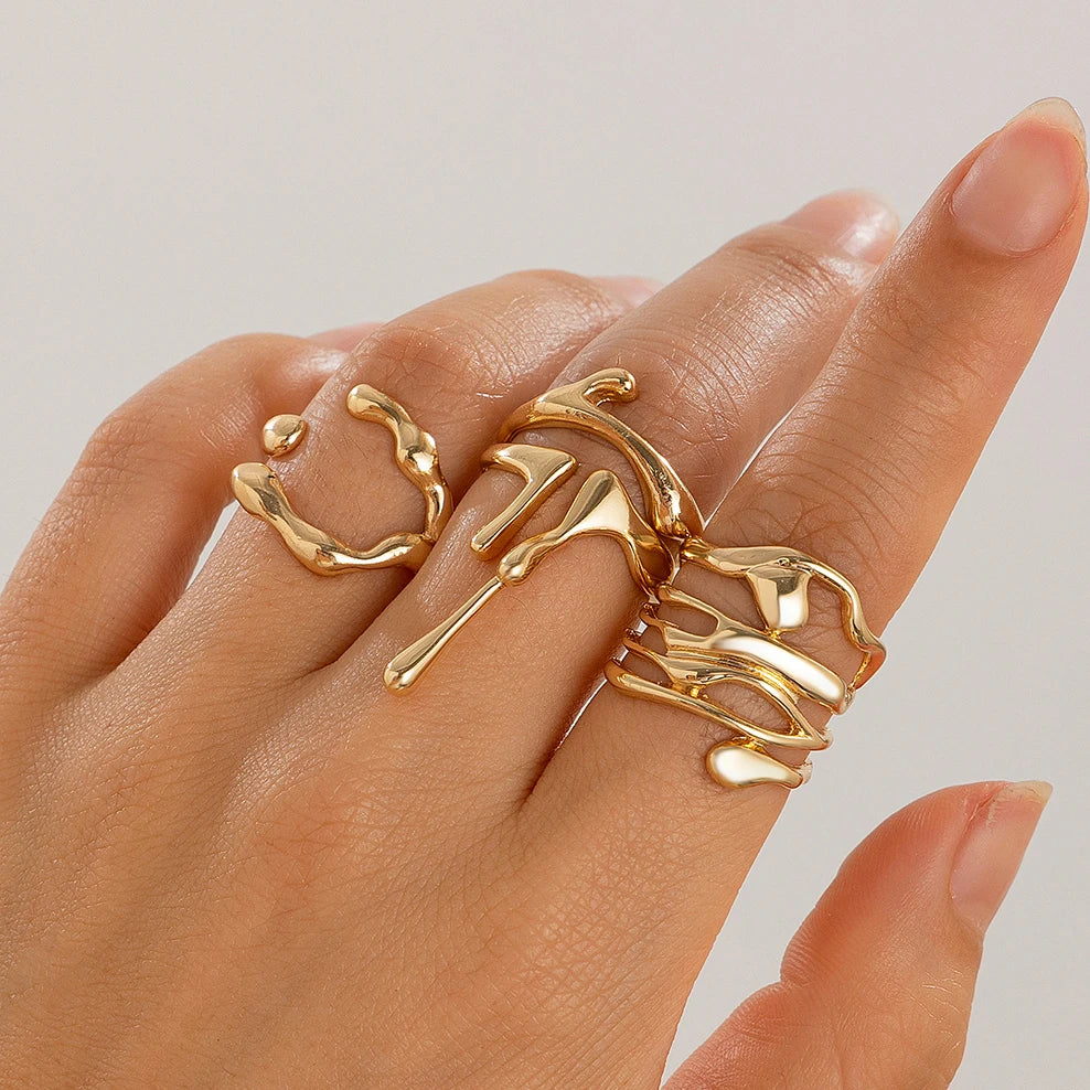 4Pcs/Set Vintage Irregular Lava Open Ring for Women Men Goth Gold Color Adjustable Couple Rings Y2K Wed Jewelry Gift - Image 1