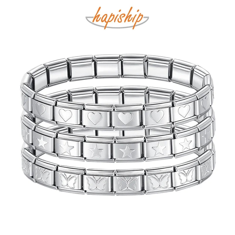 Women's Jewelry 9mm Width Itanlian Elastic Star Heart Butterfly Charm Bracelet Stainless Steel Bangle ST - Image 1