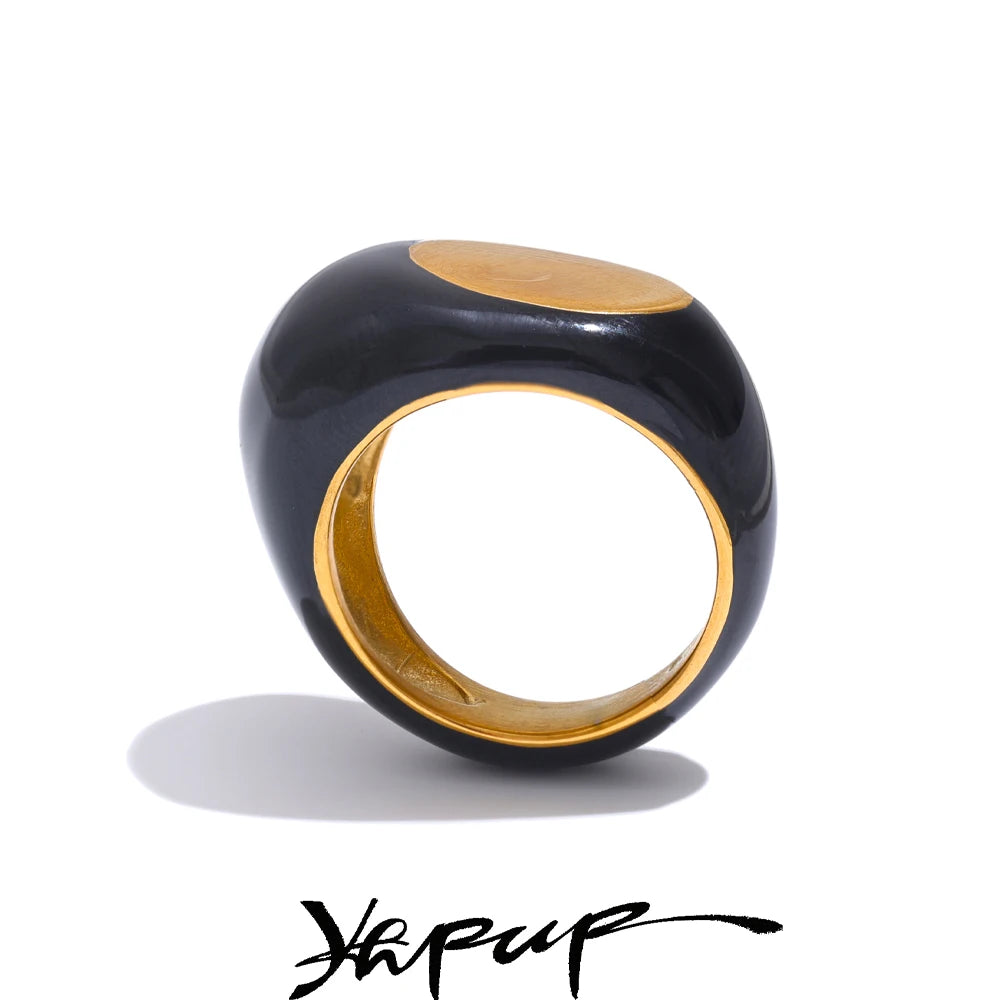 6789# Stainless Steel Black Enamel Geometric 316L Unique Ring Minimalist Texture Finger Unusual Jewelry - Image 1