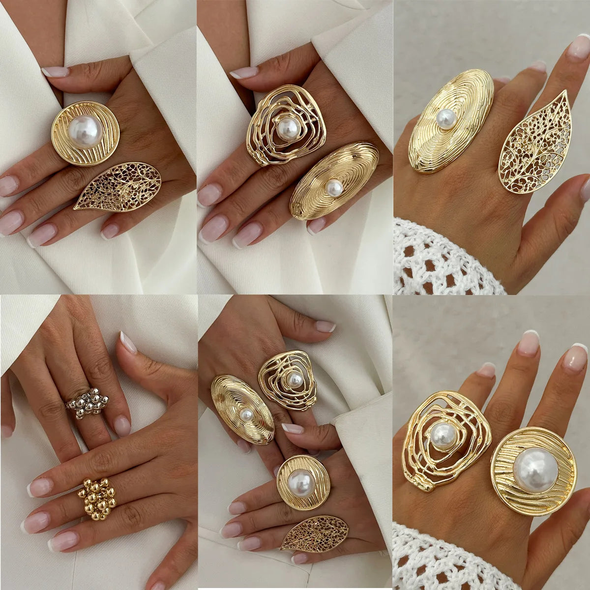 Geometric Irregular Hollow Pearl Opening Adjustable Rings for Women Jewelry Minimalist Accessories Support - Image 1