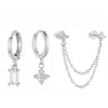 3PCS Four Zircon Flower Hoop Earring Set For Women Stainless Steel Double Stud Chain Tassel Huggie Piercing Jewelry - Image 6