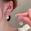 Pink Crystal Snowflake Stud Earrings for Women Imitation Pearl Design Sweet Romantic Earrings Jewelry Accessories - Image 1