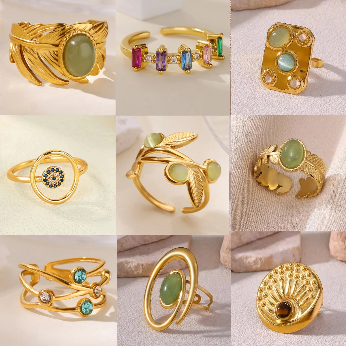 Vintage Green Stone Open Stainless Steel Rings For Women Gold Color Flower Zircon Ring Jewelry Aesthetic Gift - Image 1