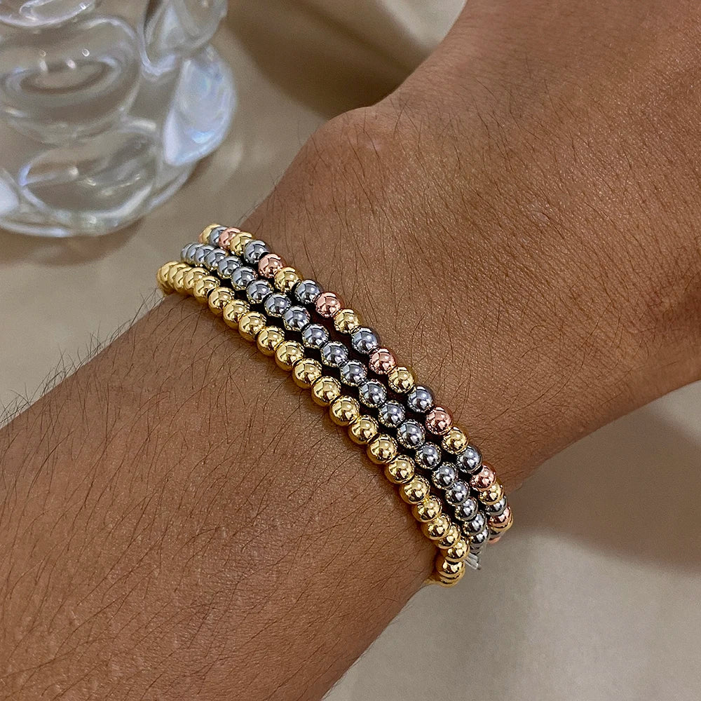 Stainless Steel Bead Stretch Bracelet 3mm or 4mm in Gold-Tone Silver-Tone or Mixed - Image 1