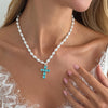 Pearl Cross Pendant Necklace Women Colorful Zircon Square Stud Earrings Elegant Banquet Dress Jewelry Set Accessories - Image 3