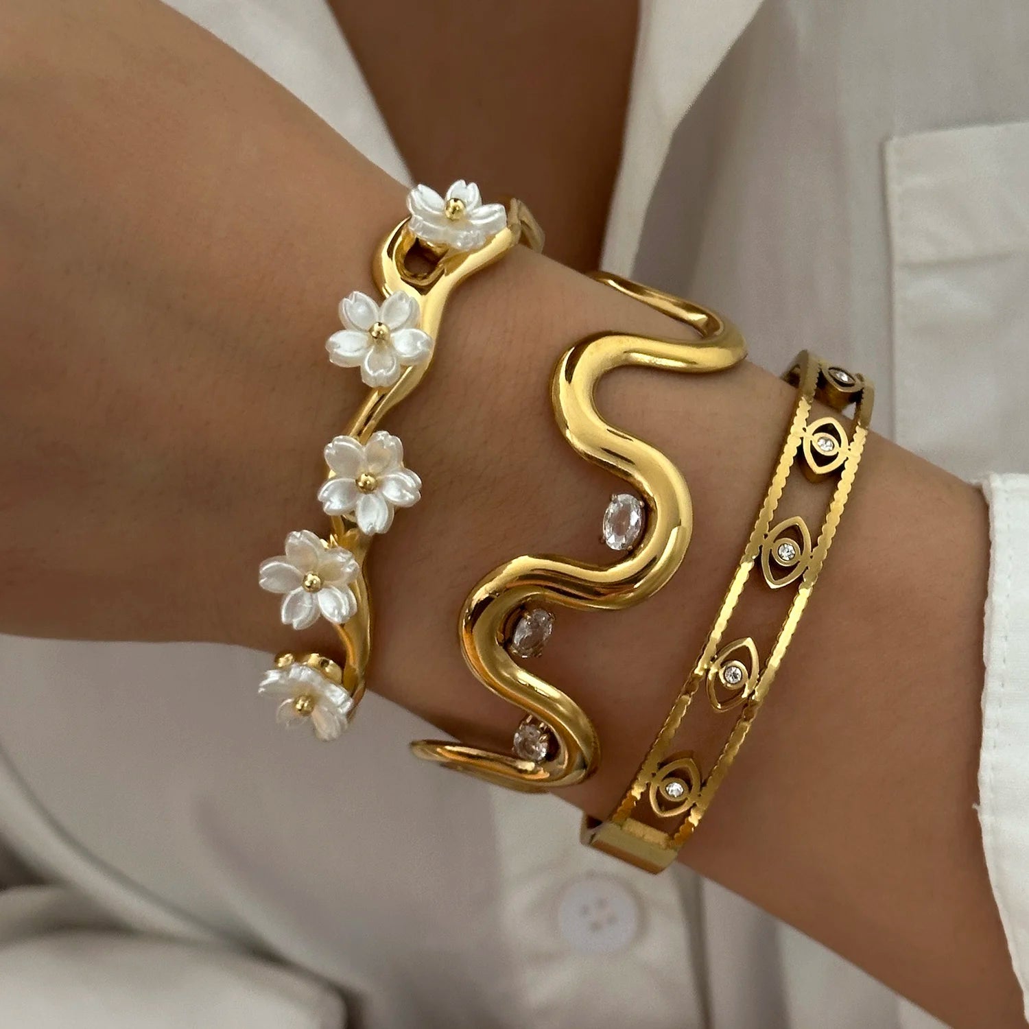 Stainless Steel Cuff Bracelets For Women Gold Plated Evil Eye Zircon Wavy Shell Flower Open Bangle Jewelry - Image 1