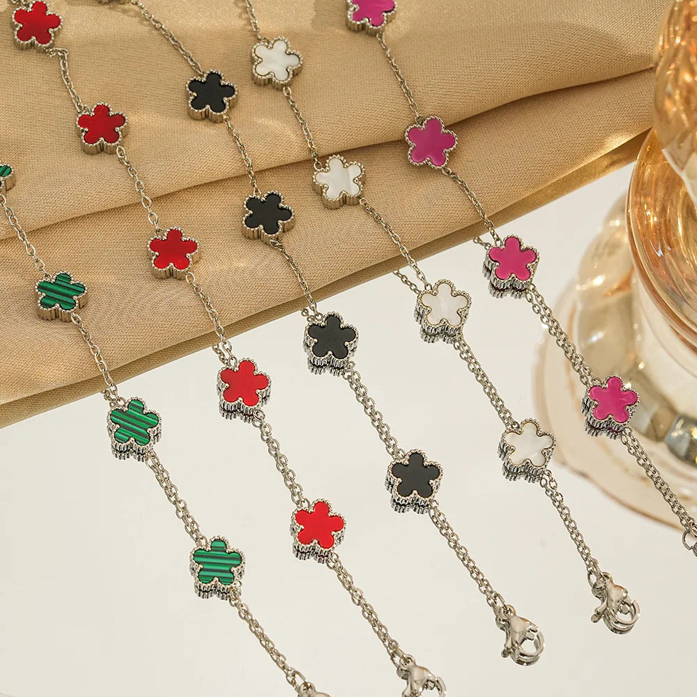 Silver Gold Color Plant Five Leaf Flower Bracelet Single Sided Plum Blossom Stainless Steel Jewelry Women's Pentalobe - Image 1