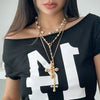 Cross Pendant Necklace with Imitation Pearl Beads and Rhinestone Accents - Image 1