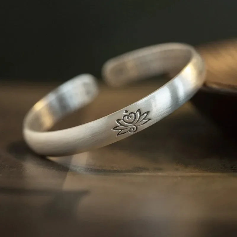 Silver Vintage Matte Bangles Engraved Heart Sutra Lotus Flower Bracelet for Women Simple and Fresh Style Jewelry Opening - Image 1