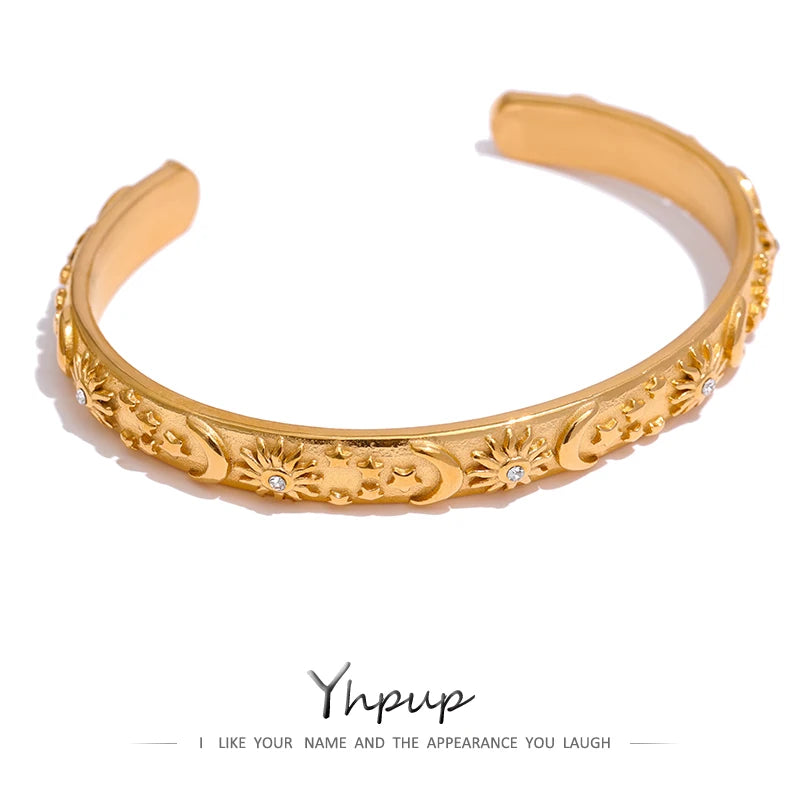 Golden Stainless Steel Moon Star Sun Bangle Bracelet Stylish Metal Open Wrist браслеты на руку женкие Party Gift - Image 1