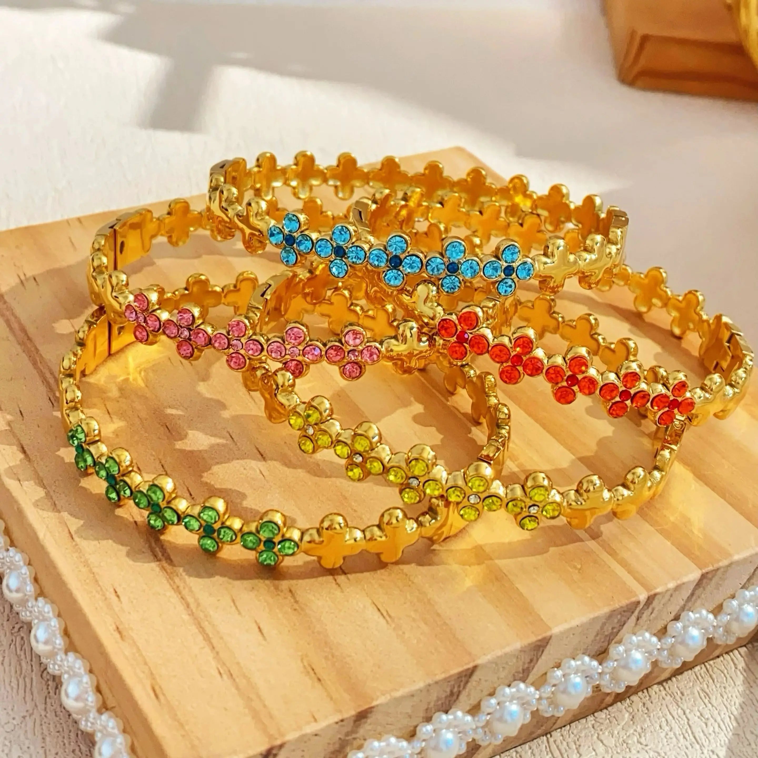 Multicolor Clover Rainbow CZ Stones Tennis Bracelets Bangles for Women Gold Plated Stainless Steel Jewelry - Image 1