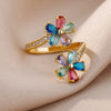 Colored Zircon Double Flower Rings For Women Gold Plated Stainless Steel Flower Opening Ring Wedding Aesthetic Jewelry Gift - Image 4