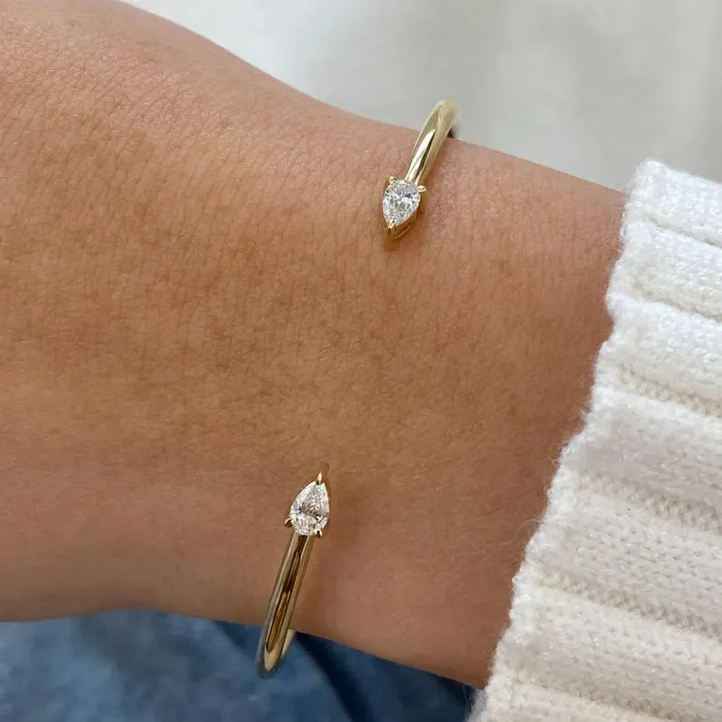 Gold Plated Geometric Women Jewelry Sparking Tear Drop CZ Wrap Open Adjusted Cuff Bangle - Image 1