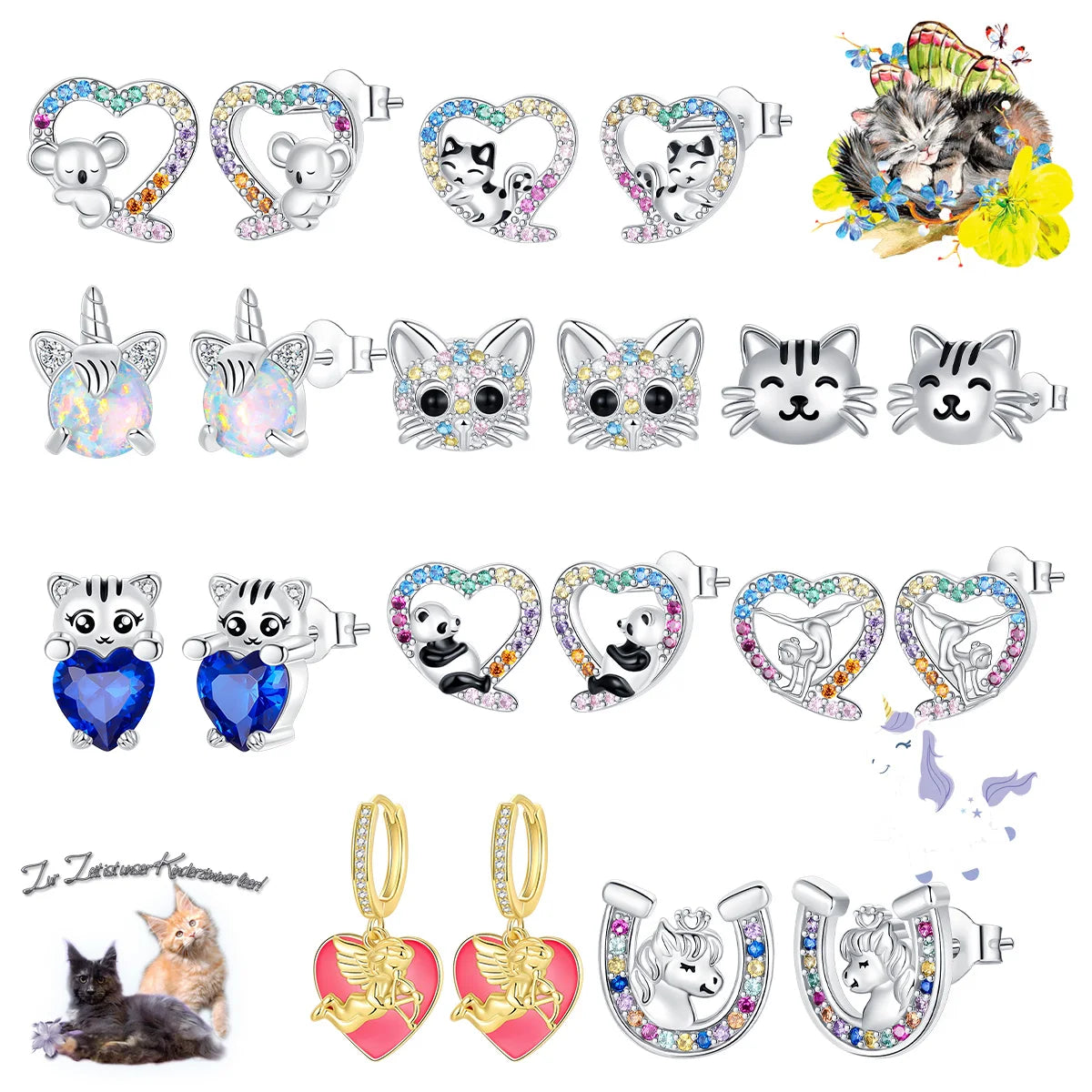 Silver Cat panda koala deer unicorn elephant Zircon Earrings for Women Jewelry Wedding Birthday Gift - Image 1