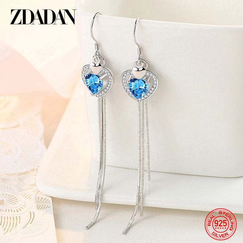 Silver Heart Zircon Long Drop Earrings For Women Wedding Jewelry - Image 1