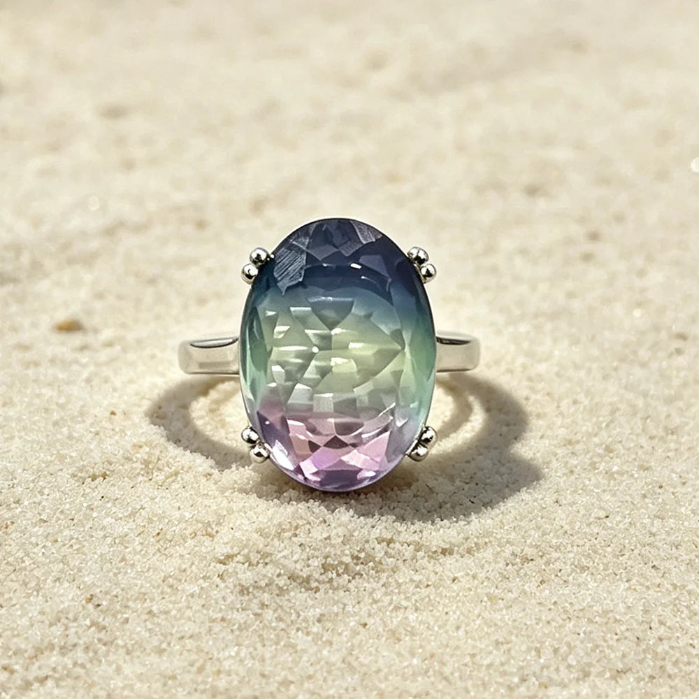Siver Ring with Zircon Topaz Colorful Gradient Ring 13 18MM Large Stone Party Wedding Jewelry for Women - Image 1