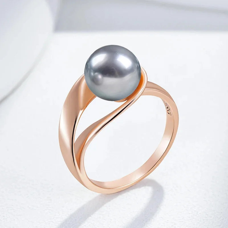 Elegant Grey Pearl Rings For Women Rose Gold Color Wedding Party Jewelry Accessories - Image 1