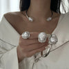 French Style Baroque Imitation Pearl Torque Necklace Bangle Ring Set For Women Punk Gold Silver Color Clavicle Jewelry Set - Image 5