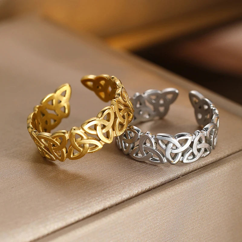 Stainless Steel Hollow Knot Rings For Men Women Gold-Plated Heavy Metal Adjustable Simple Finger Ring - Image 1