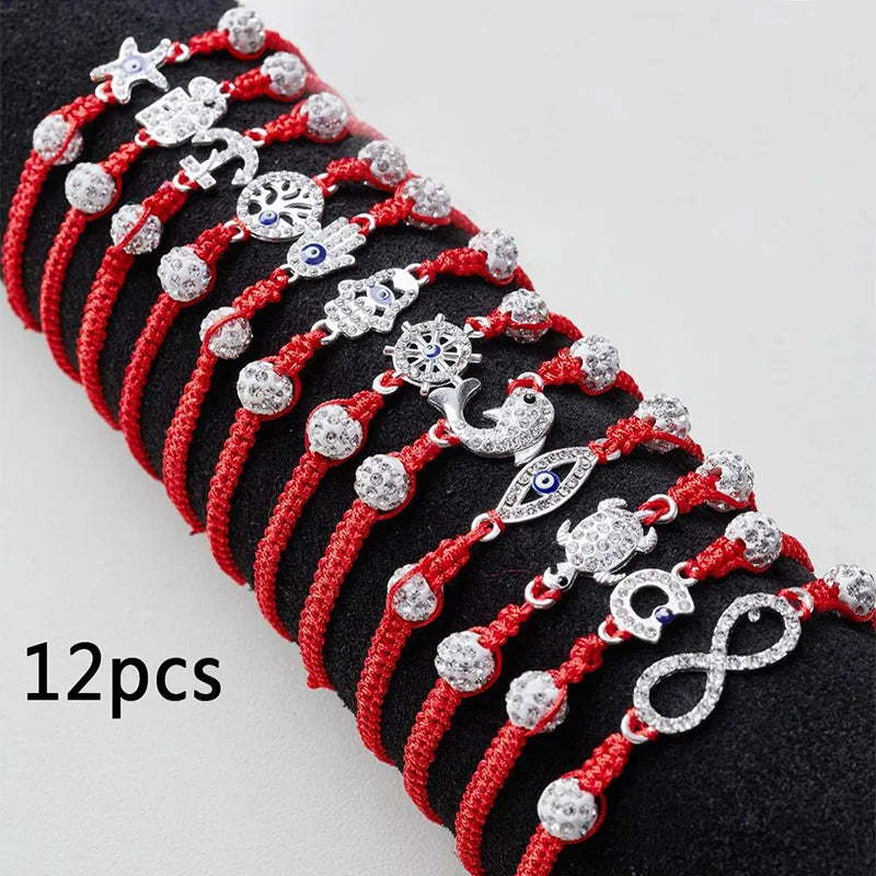 12Pcs/Set Evil Eye Bracelet Set for Both Men and Women Woven Red Bracelet Adjustable to Protect Friendship - Image 1