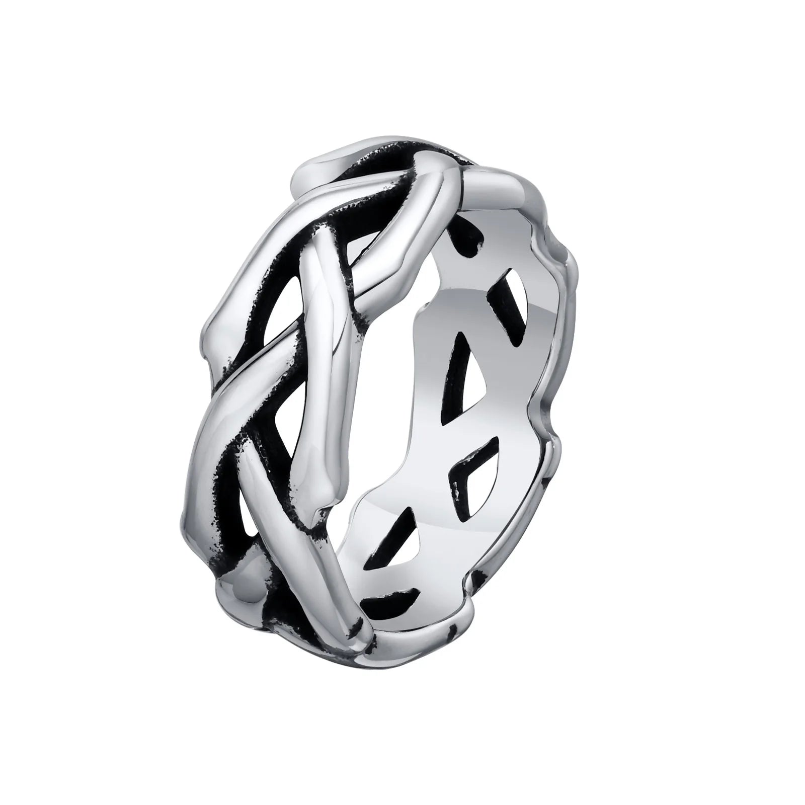 Men's Twisted Chain Ring, Silver Color Stainless Steel Hollow Bands Ring Gift to Dad Father Bff Jewelry - Image 1