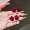 Simulation Pearl Red Flower Earrings For Women Wedding Stud Earrings Korean Jewelry Gifts - Image 1