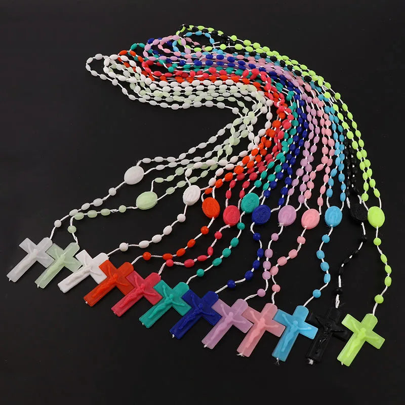 12-Piece Plastic Rosary Bead Necklace Set with Cross Pendants in Multiple Colors - Image 1