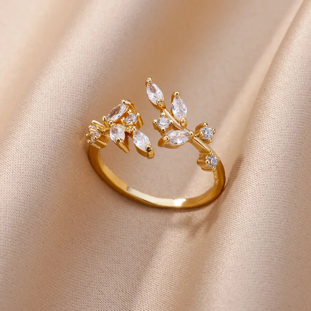 Zircon Leaf Rings For Women Stainless Steel Gold Color Geometric Ring Wedding Jewelry - Image 1