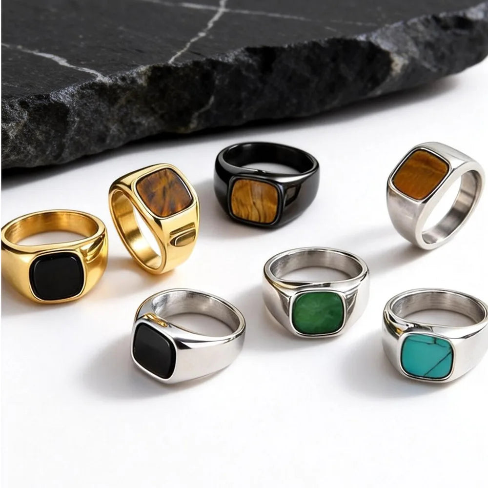 Stylish Square Stone Ring for Men, Stainless Steel Signet Ring,Birthday Party Gift for Him Dad - Image 1