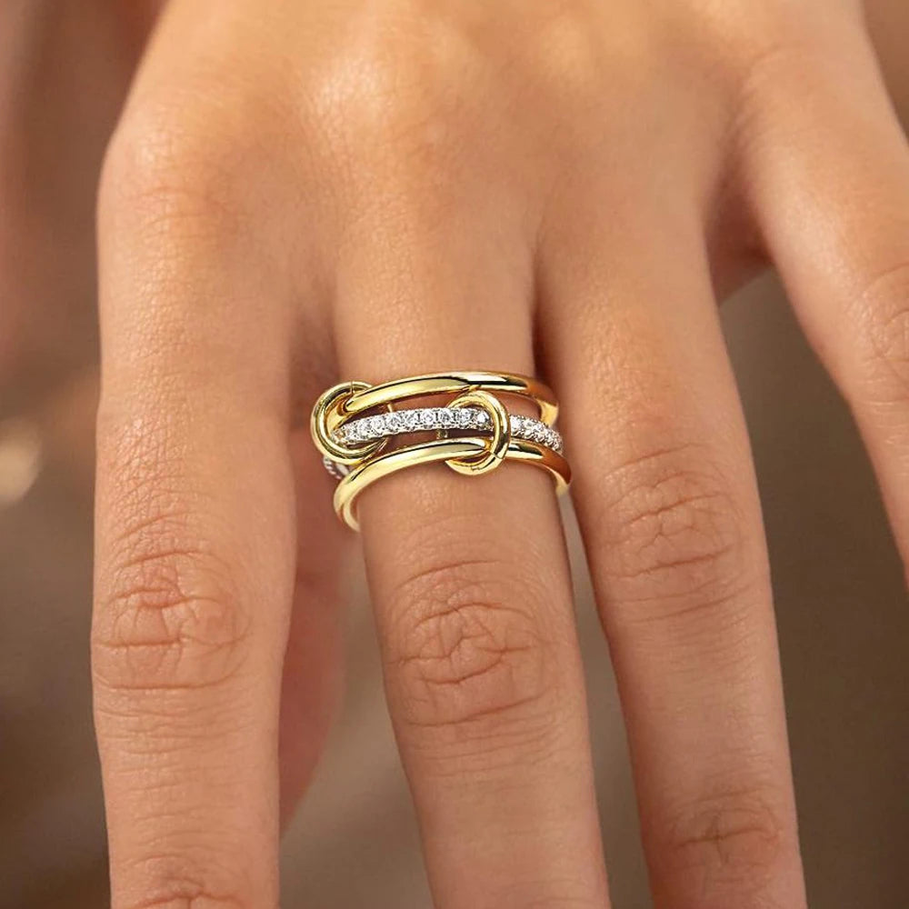 Two-Color Three-Ring Gold Plating Copper Ring for Women Style Stacking Jewelry Accessories - Image 1
