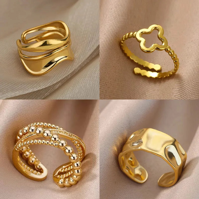 Minimalist Four Leaf Clover Stainless Steel Open Rings for Women Gold Color Aesthetic Wedding Couple Ring Jewelry Accessories - Image 1