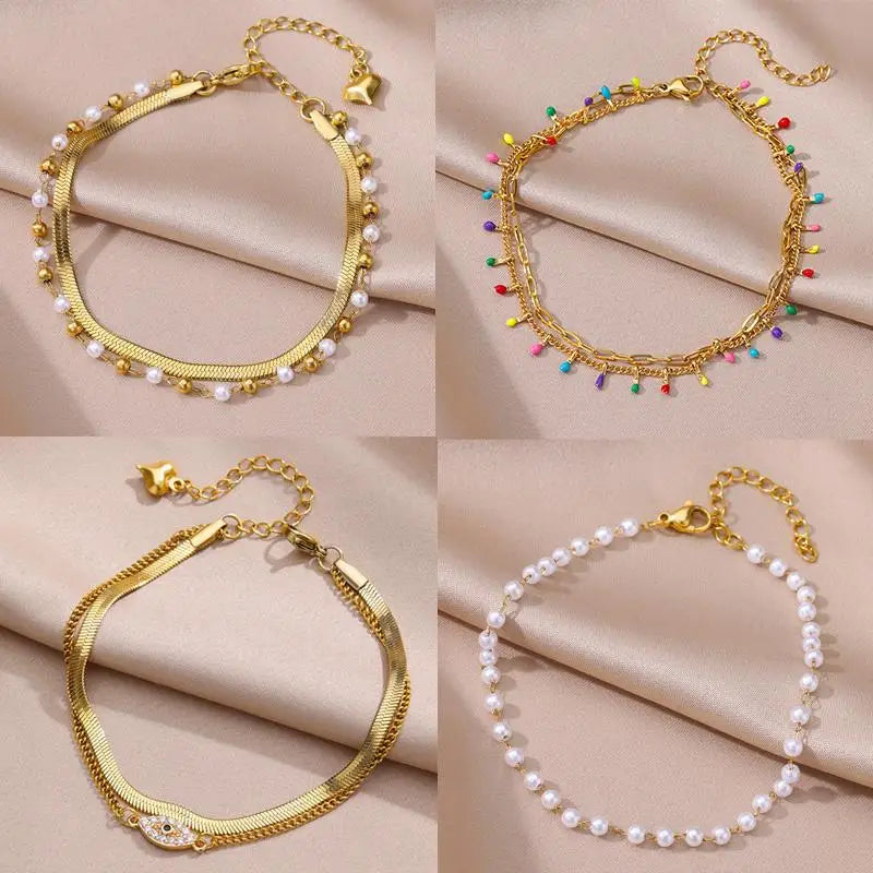 Anklets for Women Summer Beach Accessories Stainless Steel Imitation Pearl Chain Anklet Gold Color Leg Bracelets Bodychain Gifts - Image 1
