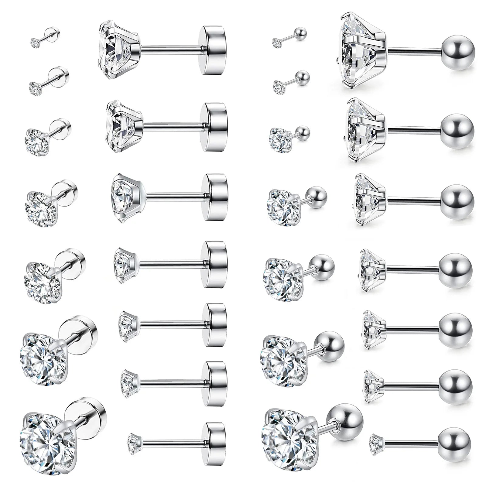 Round Cubic Zirconia Stud Earrings in Stainless Steel 3mm to 8mm - Image 1