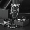 Four Piece Black PU Leather Cuff Bracelet Set with Stud and Chain Details - Image 13