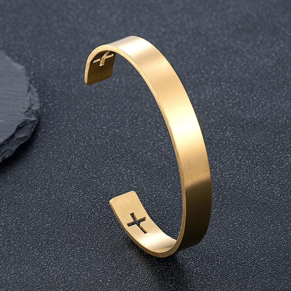 Gold Color Stainless Steel Cross Cuff Bracelet for Men Carving Design Wristband Hand Accessory Gift for Him - Image 1