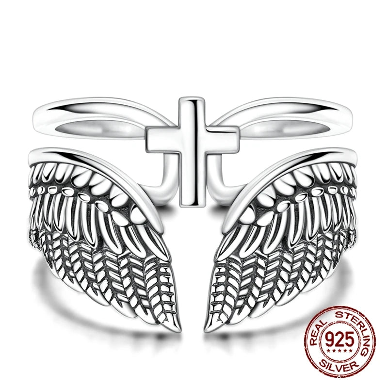 Silver Vintage Angel Wings Cross Double Band Ring Adjustable Open Ring for Women Girls Daily Wear Jewelry Gift - Image 1