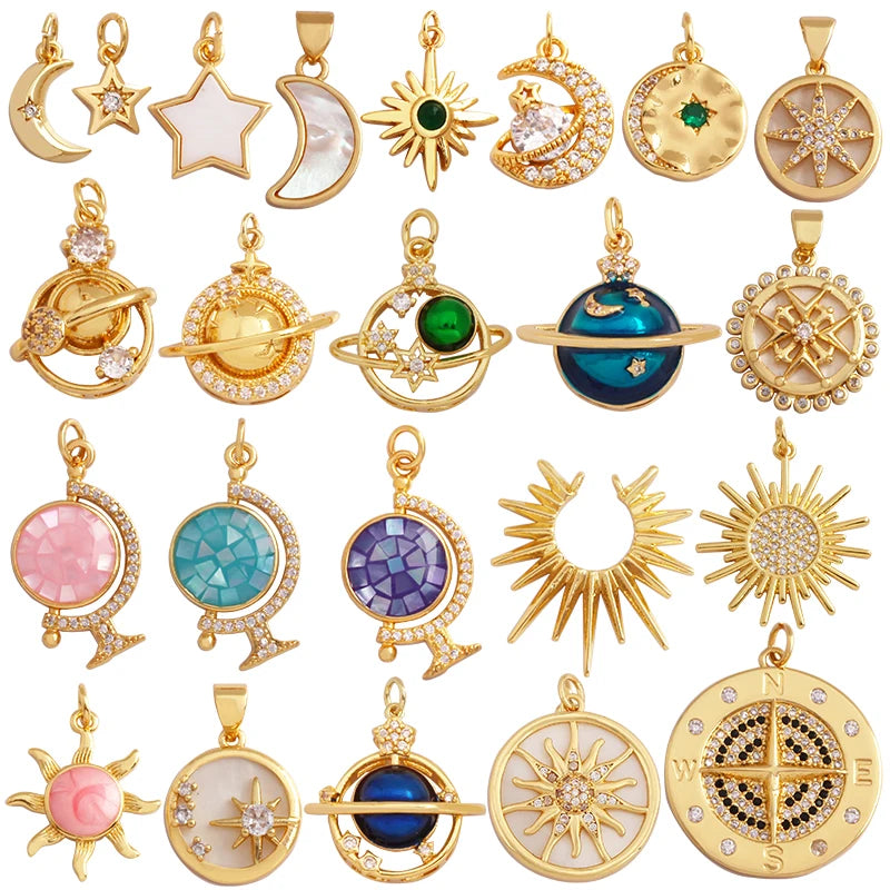 Shining Moon Star Sun Tellurion Celestial Compass Charm Pendant Gold Colour, Jewelry Necklace Bracelet Making Supply - Image 1