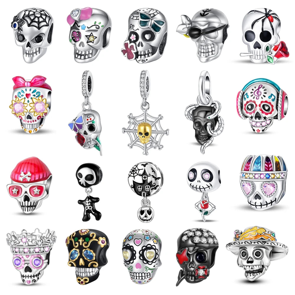 Silver Ghost Rose Beads Spider Silk Skull Dangle Charm Fits Bracelet Halloween Pendant Accessories Gifts - Image 1