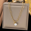 Stainless Steel Double-Layer Necklace with Imitation Pearl Pendant Detail - Image 3