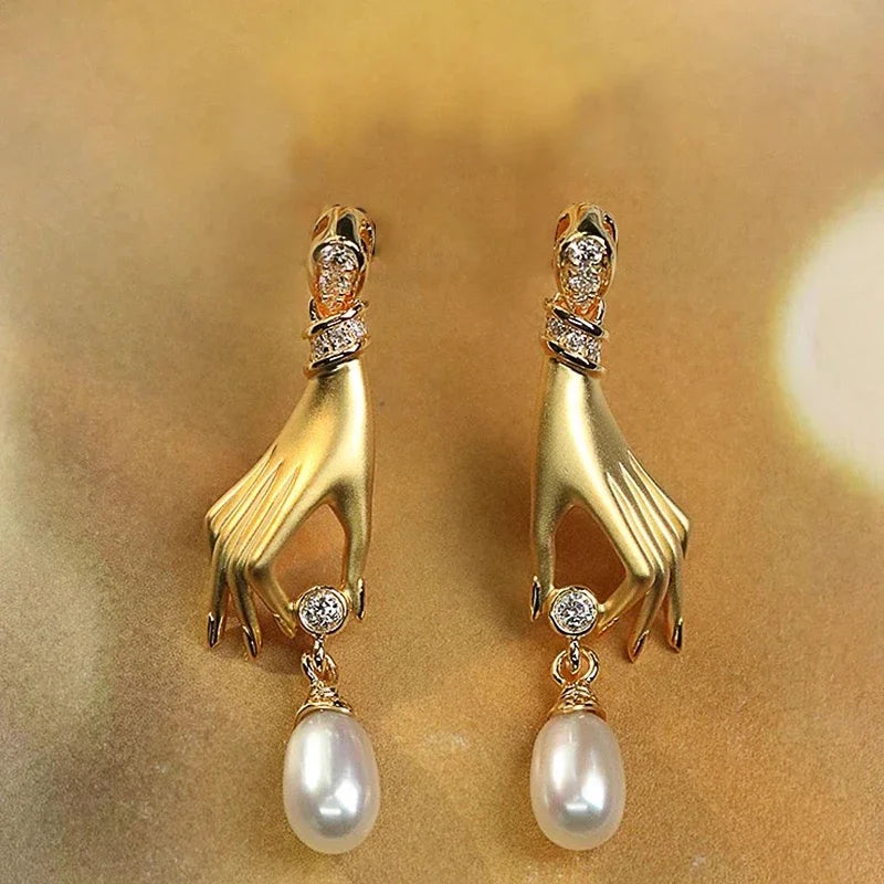 Hand and Imitation Pearl Dangle Earrings - Image 1