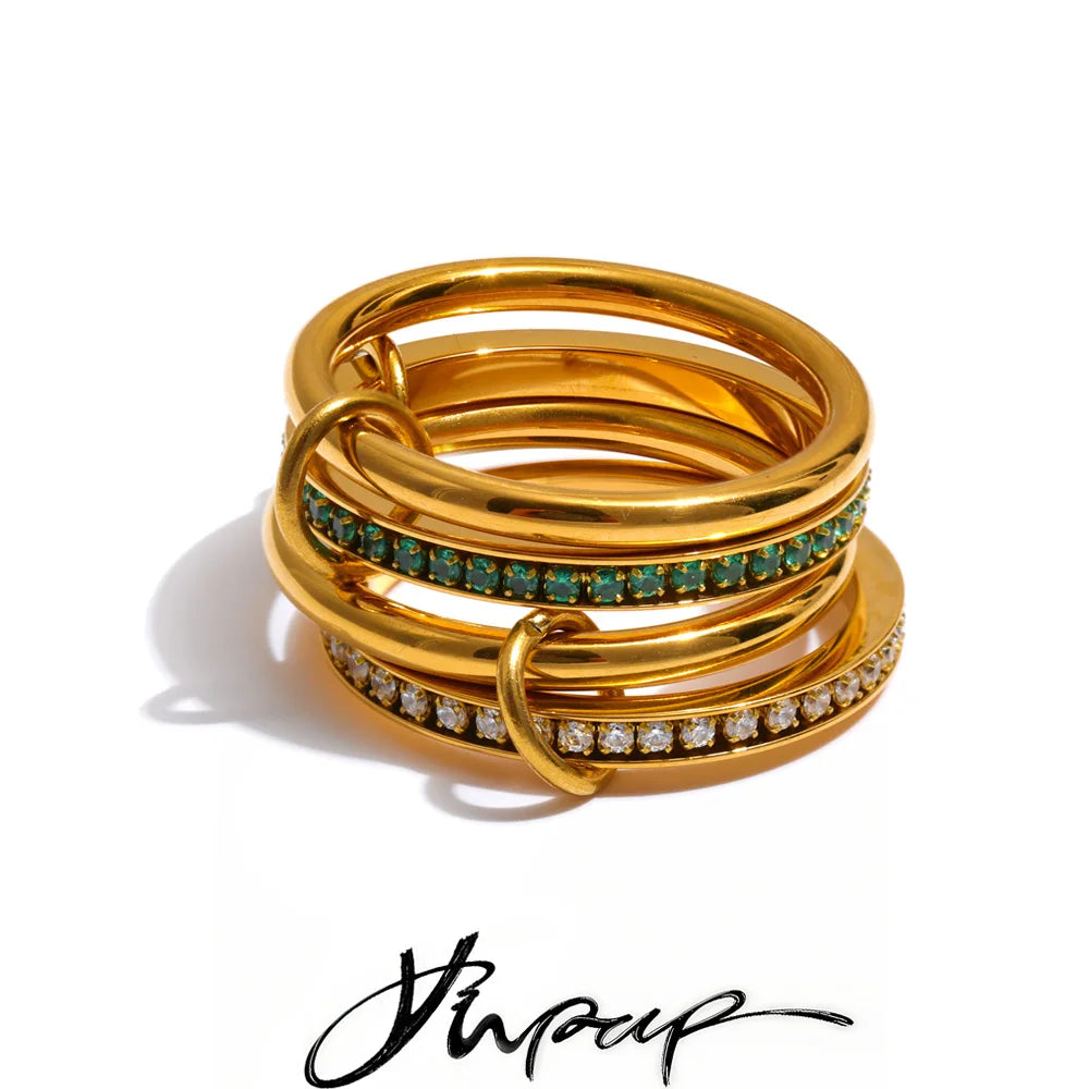 Size 678 White Green Zirconia 4 Layered Stacked Ring Golden Pvd Plated Stainless Steel Jewelry Accessories - Image 1