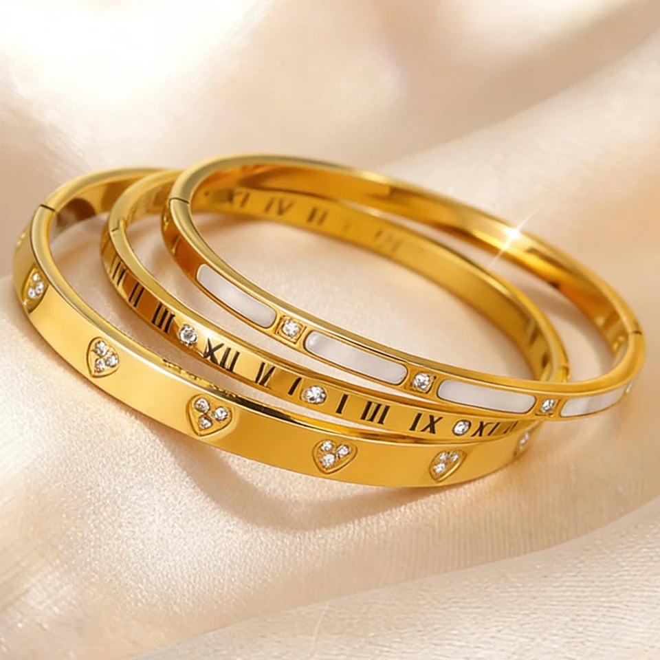 Yupsk 1/3pcs Classic Zircon Inlaid Stainless Steel Bracelet Roman Numeral Heart Design Bangles Jewelry Gift - Image 1
