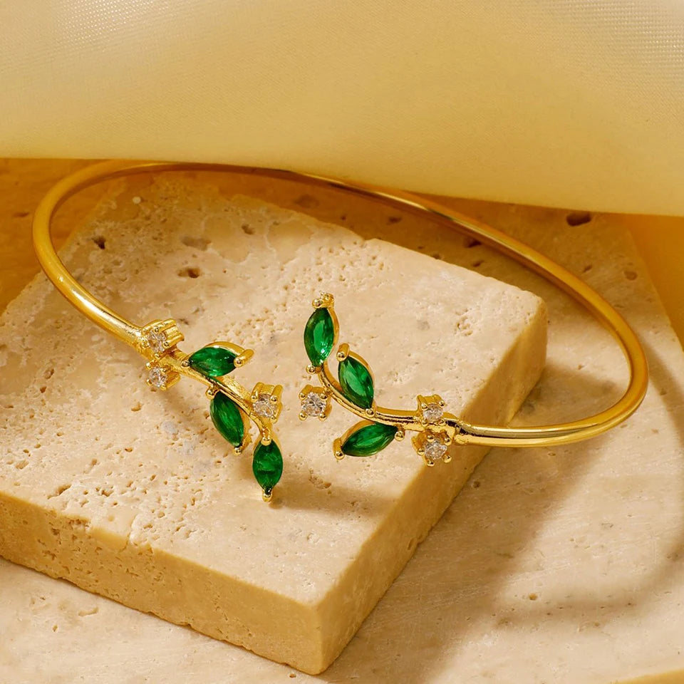 Yupsk Green Colorful CZ Zircon Leaf Cuff Bracelet for Women Stainless Steel Thin Bangle Simple Party Jewelry - Image 1