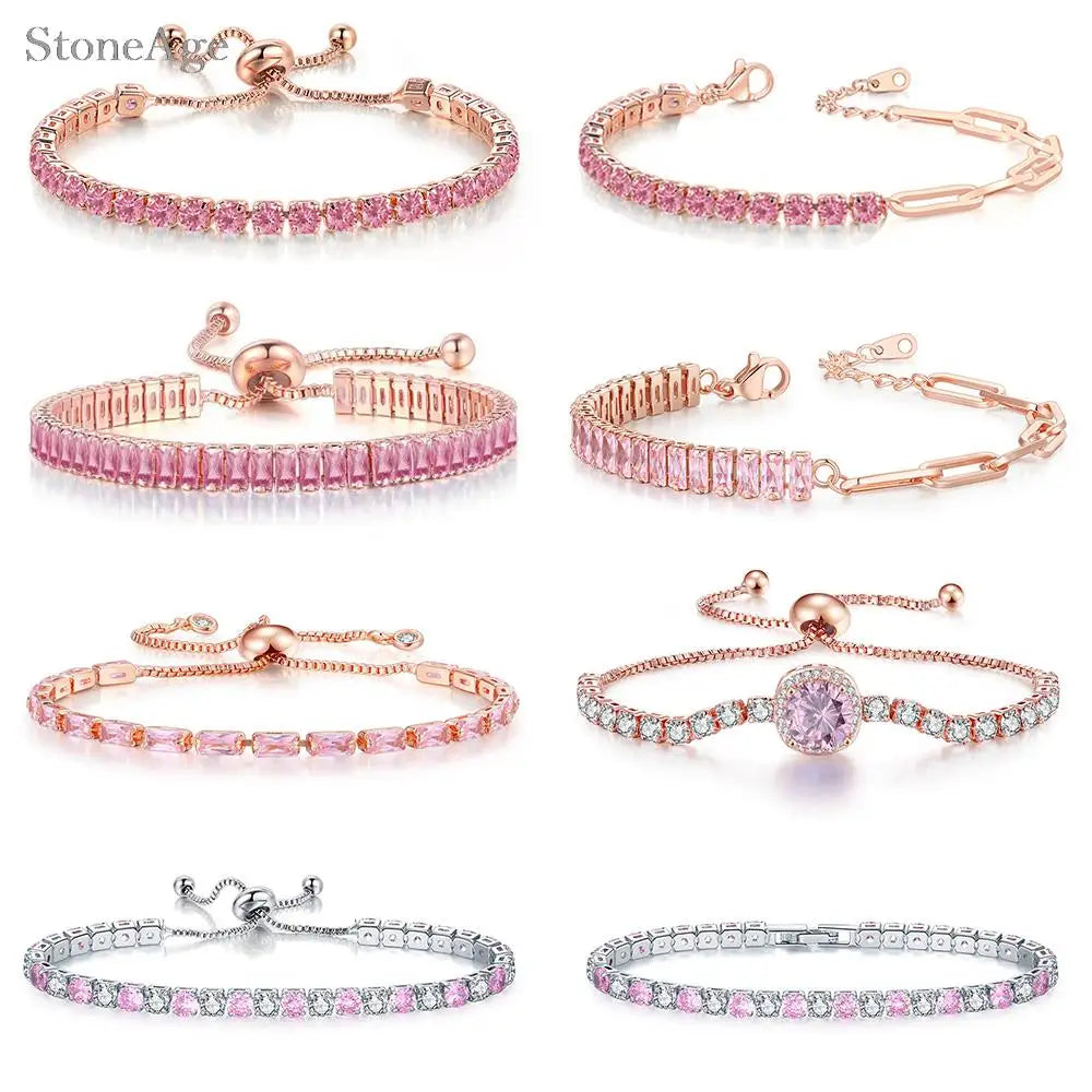 Pink Crystal Tennis Bracelets for Women Female Romantic Shiny Zirconia Adjustable Folding Buckle Chain on Hand Jewelry - Image 1