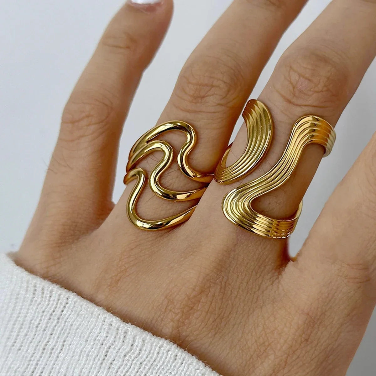Stainless Steel Irregular Wave Rings for Women Men Creative Gold Color Adjustable Opening Ring Female Statement Jewelry Gifts - Image 1