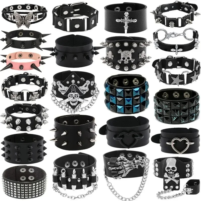 Hip Hop Rock PU Leather Bracelet Men and Women Punk Spikes Rivets Skull Heart Cross Creative Party Bracelet Jewelry Accessories - Image 1
