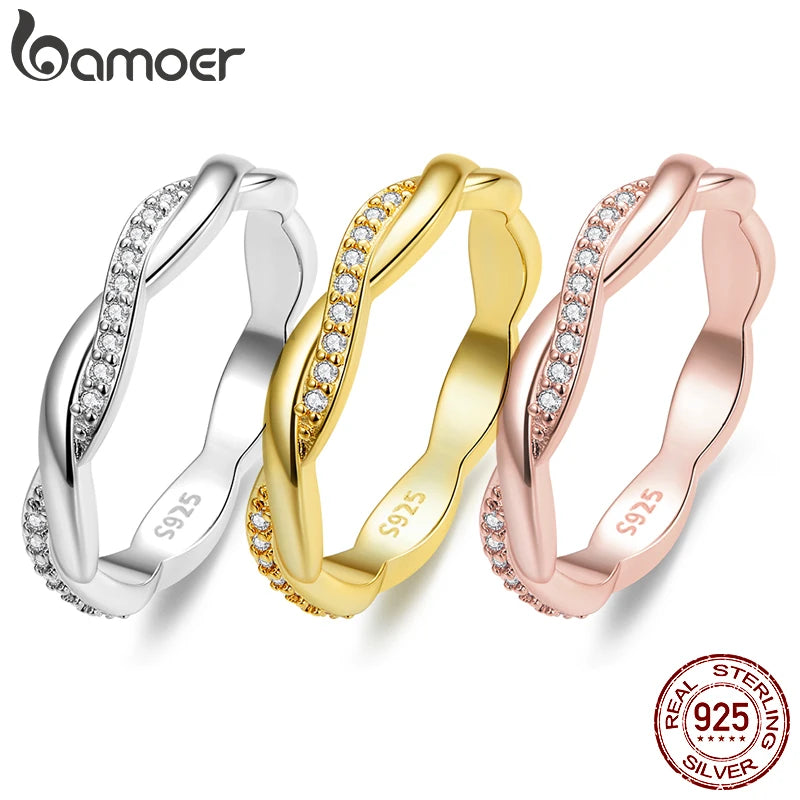 Silver Simple Twisted Rope Ring, Gold Plated Cubic Zirconia Eternity Band Stackable for Women Engagement - Image 1
